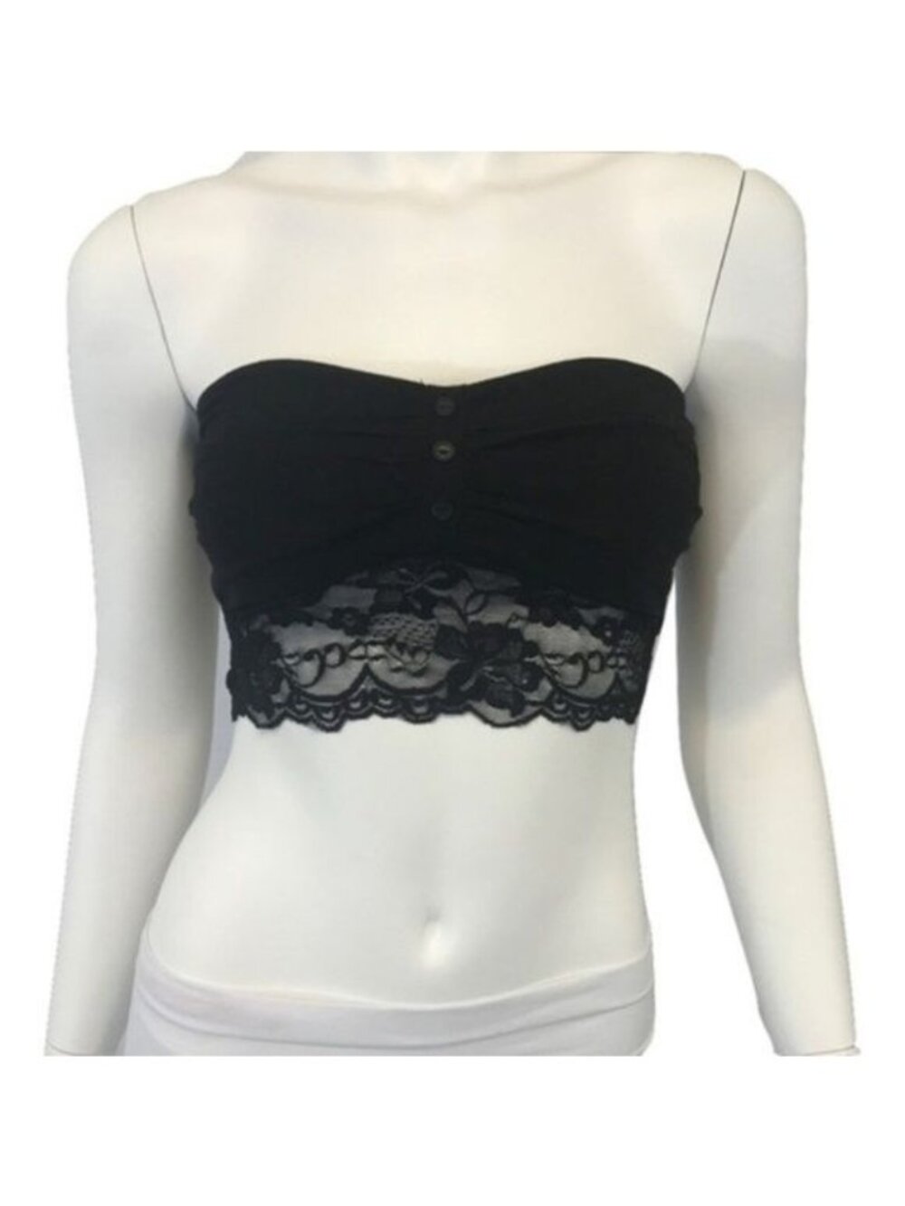 Black Lace Bandeau Top With Buttons & Lace Trim